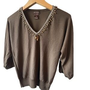 Brown Beaded V Neck 3/4‎ Sleeve Sweater Top Women's Size Medium